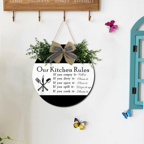 Wooden Our Kitchen Rules Sign 12inch, Rustic Wood Kitchen Hanging Decoration, Cute Eat Decoration for Kitchen Home Dining Room Cafe Restaurant