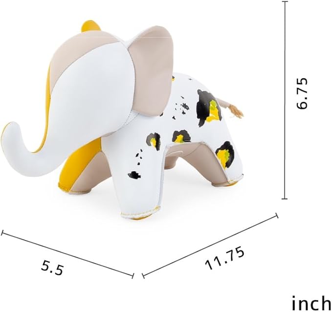 Bookend Elephant Abby Fresh Awaken, Leather Bookends for Shelves, Handmade Animal Home Decor, Zuny Series, White+Yellow Leopard+Ochre Yellow
