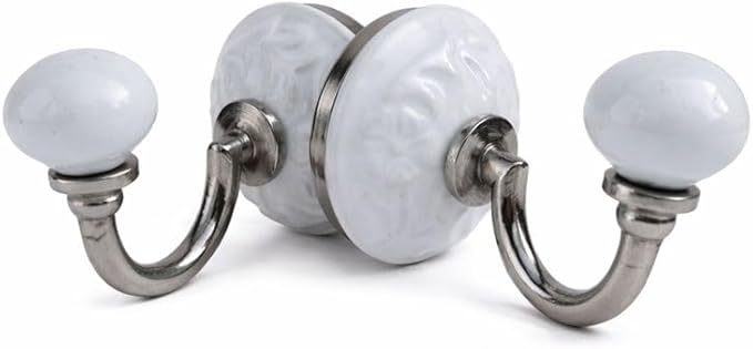 Decorative Ceramic Wall Hook, White Metal Mounting Hardware for Hanging Coat and Towels Set of 2
