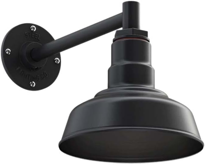 Steel Lighting Co. Hawthorne Barn Light | Outdoor Wall Mounted | 8 inch Dome | 11 inch Straight Arm| Small Farmhouse Light Made in America | Matte Black Exterior/Matte Black Interior