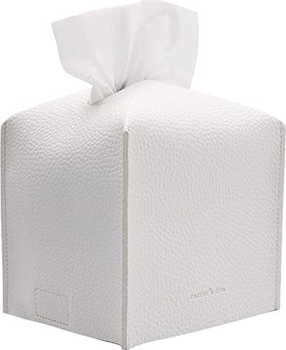 Tissue Box Cover Holder, Square with Bottom Belt by Carrot's Den - PU Leather Decorative Organizer for Tabletop, Bathroom, Car, Office | Pure White