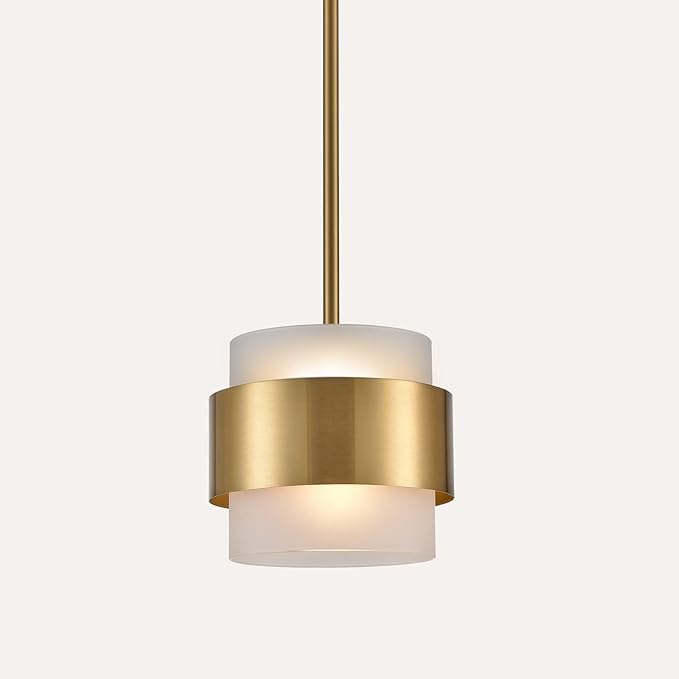 CLAXY Modern Gold Pendant Lights mini Pendant Light for Kitchen Island Dining Room Bar Restaurant with Frosted Glass Shade Rod Hanging Light Fixture