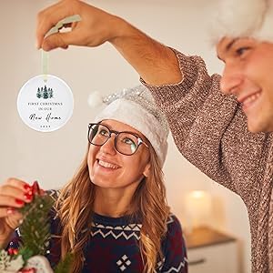First Christmas in New Home Ornament 2025, First New Home Ornament New House Our First House Housewarming Christmas Ornaments Round Ceramic with Gift Box&Ribbon 2.9"