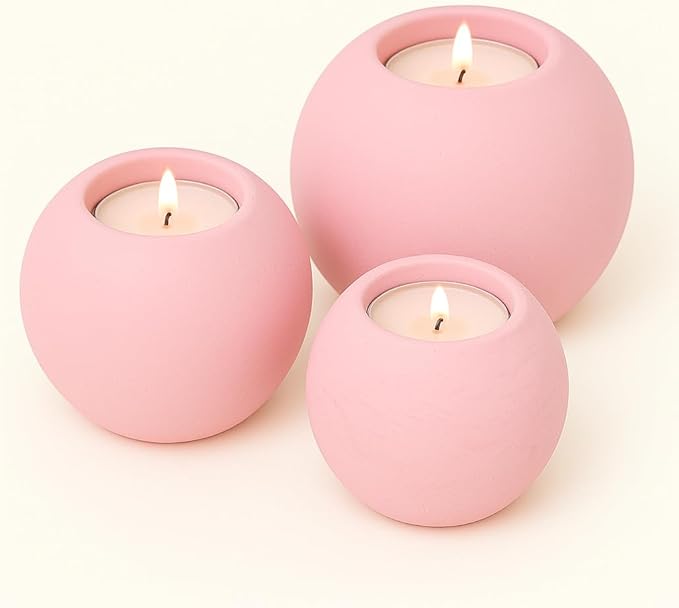 Concrete Sphere Tea Light Holder - Minimalist Centerpiece - Candle Holder - Modern Interior Design (Pink, Small Sphere)