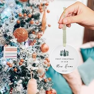 First Christmas in New Home Ornament 2025, First New Home Ornament New House Our First House Housewarming Christmas Ornaments Round Ceramic with Gift Box&Ribbon 2.9"
