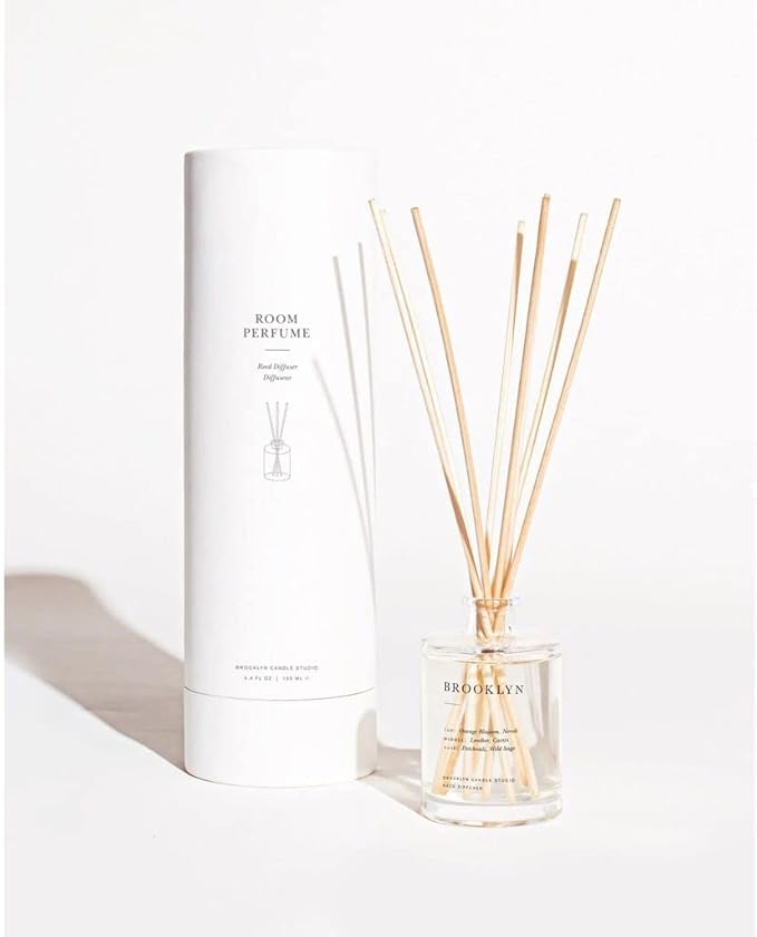 Brooklyn Candle Studio Reed Scent Diffuser - Relaxing Oil Diffuser, Sandalwood & Amber Fragrance, 8 Rattan Diffuser Reeds, Clean Ingredients (3.7oz, Brooklyn)