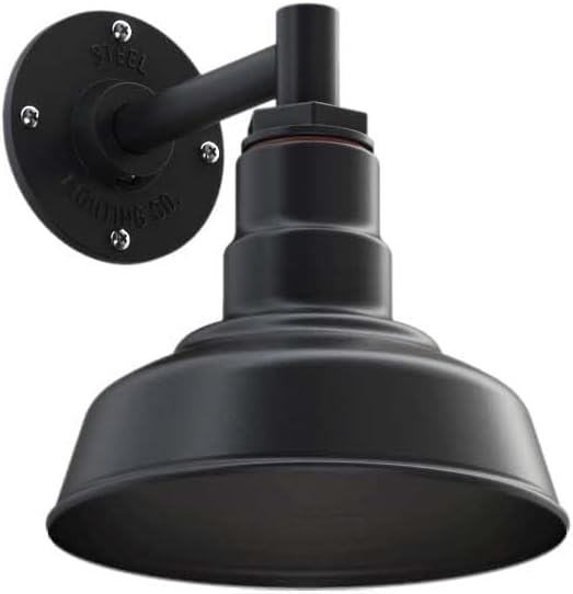 Steel Lighting Co. Hawthorne Barn Light | Outdoor Wall Mounted | 8 inch Dome | 6 inch Straight Arm| Small Farmhouse Light Made in America | Matte Black Exterior/Matte Black Interior