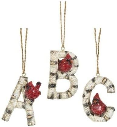 Rustic Cardinal Initial Letter Christmas Ornament – Birch Wood Look Hanging Alphabet Monogram Decoration for Holiday Tree & Winter Home Décor (F)