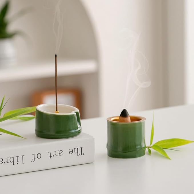 Incense Holder Modern Minimalist Circular Incense Stick Burner for Cones or Sticks for Yoga & Meditation, Enhance Atmosphere,Ceramic Ash Catcher Bamboo 2pcs