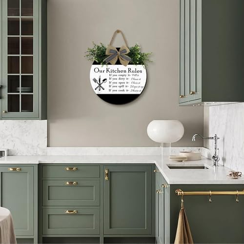 Wooden Our Kitchen Rules Sign 11inch, Rustic Wood Kitchen Hanging Decoration, Cute Eat Decoration for Kitchen Home Dining Room Cafe Restaurant