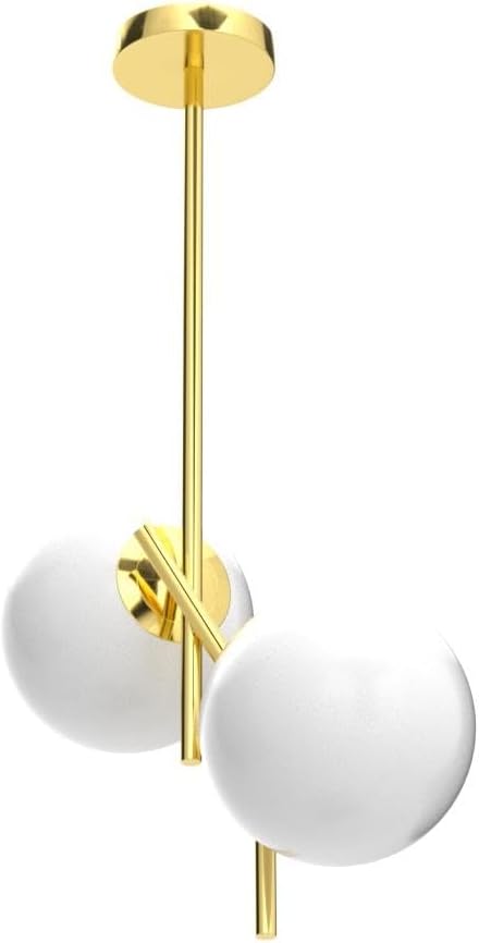BOKT 2-Lights Large Glass Globe Pendant Light Fixture Modern Gold Pendant Lighting Mid Century Brushed Brass Pendant Light Kitchen Island White Glass Round Hanging Lighting (Large)