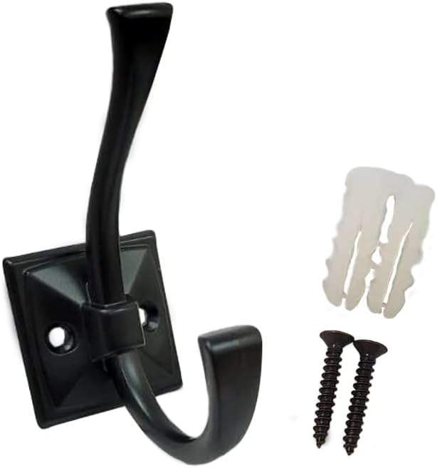 QCAA Coat and Hat Hook, Zinc Die Cast, Matte Black, 10 Pack, Made in Taiwan