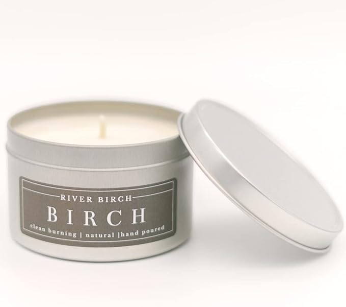 River Birch Candles Birch Scented Candle | Premium, All-Natural, Non-Toxic, Soy Candles | 8 oz. Silver Tin Travel Candle | Cozy Relaxing Gifts for Home
