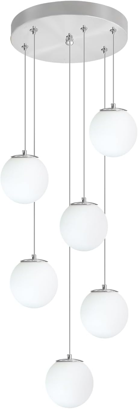 6-Light Silver Chandelier with White Globe Glass Dimmable Ceiling Light Glass Pendant Light for Kitchen Island, Dining Room, Living Room, Entry Hallway, LED Bulbs Included