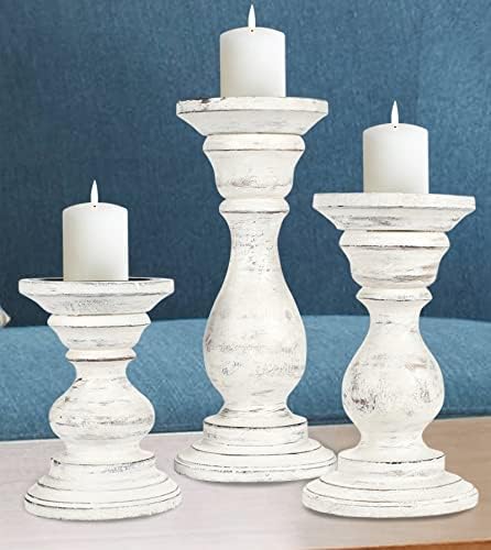 Candle Holder Stand Wooden, Pillar Candle Holder, Unity Candle Holders, Rounded Turned Colums, Country Style Ideal for Gift, Wedding, Christmas, Party, Home - 10,8,6 Inch- Set of 3 -Antique White
