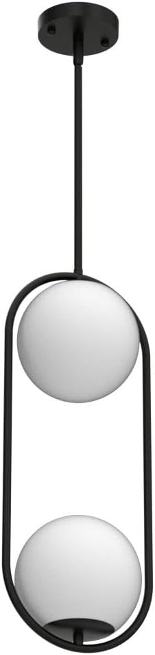2-Lights Modern Globe Chandelier Mid Century Pendant Light Matte Black Ceiling Hanging Lighting Fixture with White Globe Glass Lampshade for Kitchen Island Dining Room Bedroom