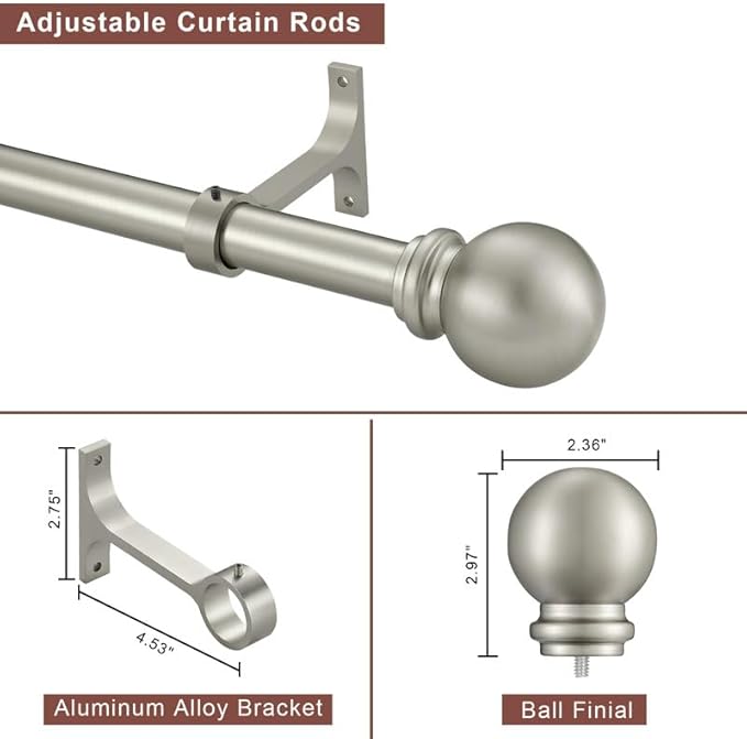 Curtain Rods 2 Pack, Brushed Nickel Curtain Rods for Window 72-144 Inch, Decorative Curtain Rod with Ball Finials, 1 Inch Diameter Heavy Duty Curtain Rod, Adjustable Single Drapery Rod Brushed Nickel