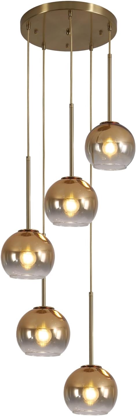 KCO Lighting 5 Light Cluster Pendant Light Gold Glass Pendant Light Mid Century Modern Dining Room Light Fixture Round Cluster Pendant Light Large Globe Chandelier Light Fixture