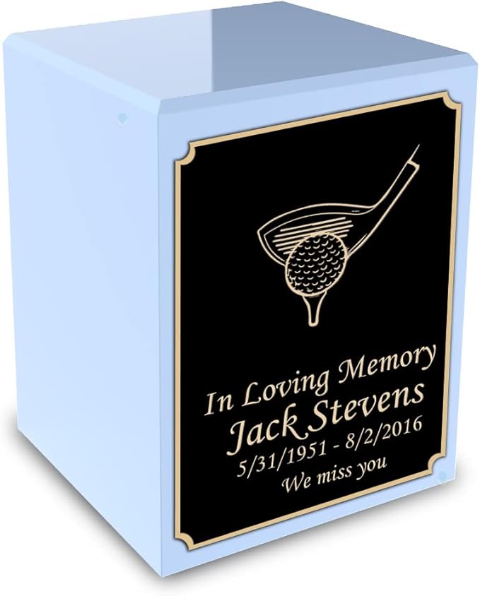 GetUrns Custom Golf Small Urn Box for Human Ashes I Personalized Wooden Keepsake Cremation Urn for Male or Female I Light Blue Memorial Box I 40lbs