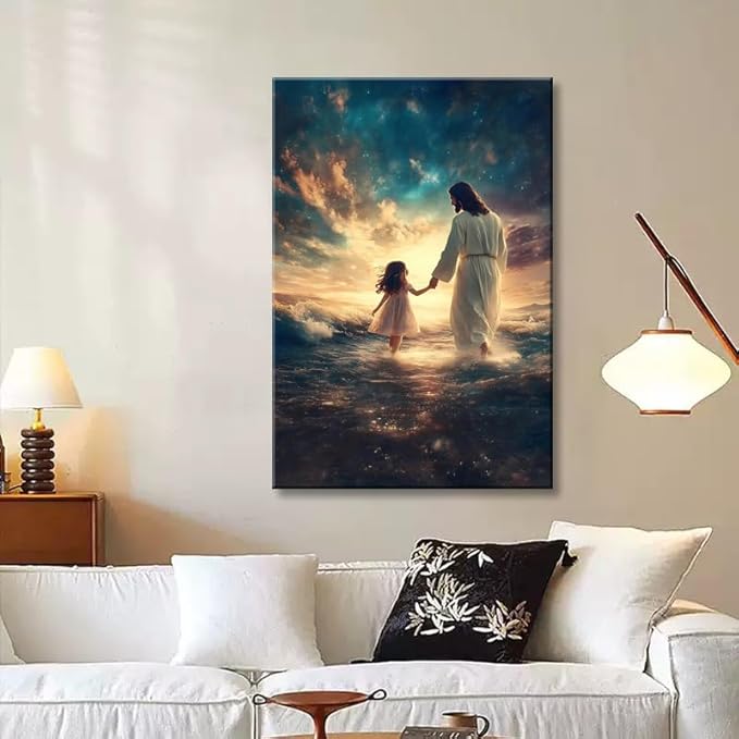 Eysintum Framed Jesus Wall Art Jesus with Girl Canvas Print Christian Faith Poster Inspirational Home Decor for Kids Room Nursery Living Room 24x36in Ready to Hang