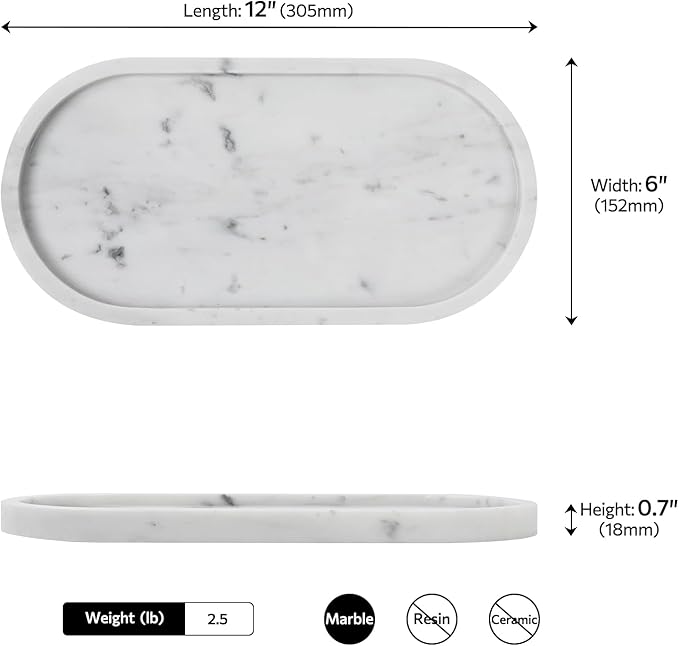 Carrara White Marble Tray, 2 Pcs, Marble Vcnity Tray, Bathroom, Decor for Trinket Perfume Jewelry Candle, 12 Inch Oval