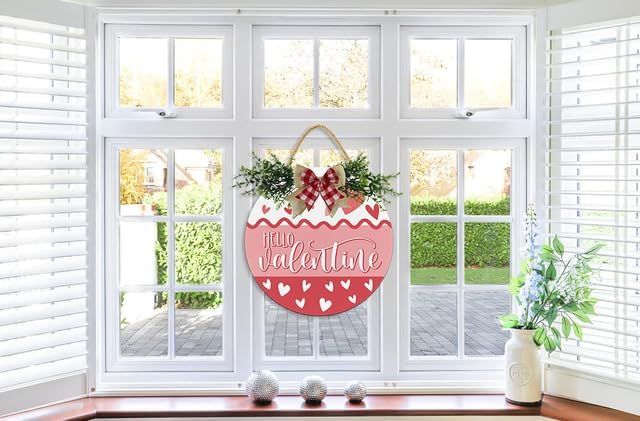 Boylee Hello Valentine Sign for Front Door Decorations, Rustic Round Wood Holiday Sign, Front Door Wreath Burlap Wooden Hanging Signs for Outdoor Farmhouse Porch Home Spring Holiday Decor