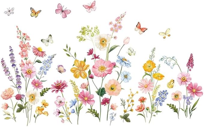 Butterfly and Wild Flower Wall Decals Peel and Stick for Girls Room Wall Decals, Living Room, Nursery, Removable Waterproof Stickers & Murals for Home Decor
