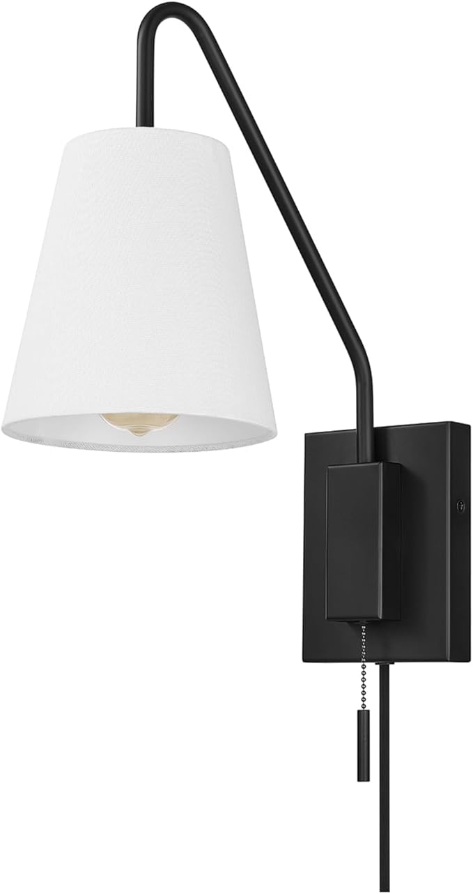 GLOBE Electric 65000043 1-Light Plug-in or Hardwire Wall Sconce, Matte Black, White Fabric Shade, Swing Arm, 6ft Black Braided Fabric Cord, On/Off Pull Chain, Wall Lights for Living Room, Home Décor