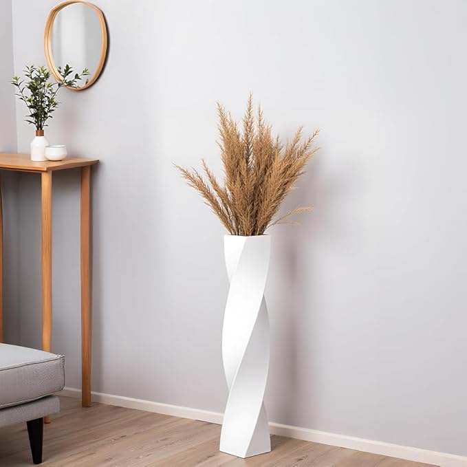 Tall Floor Vase - 23.6 Inch Modern Square Twist Vases for Home Decor, Large Decorative White Vase for Dried Flowers, Pampas Grass, Centerpiece - Matte Finish