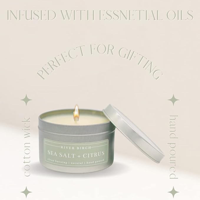 River Birch Candles Sea Salt + Citrus Scented Candle | Premium, All-Natural, Non-Toxic, Soy Candles | 8 oz. Silver Tin Travel Candle | Cozy Relaxing Gifts for Home
