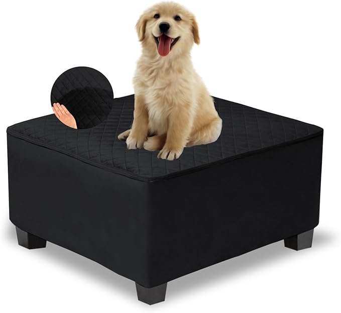 NeColorLife Waterproof Square Ottoman Cover,Thick Stretch Velvet Slipcover for Footstool,Non-Slip Soft Furniture Protector for Pets and Dogs,Black,Medium