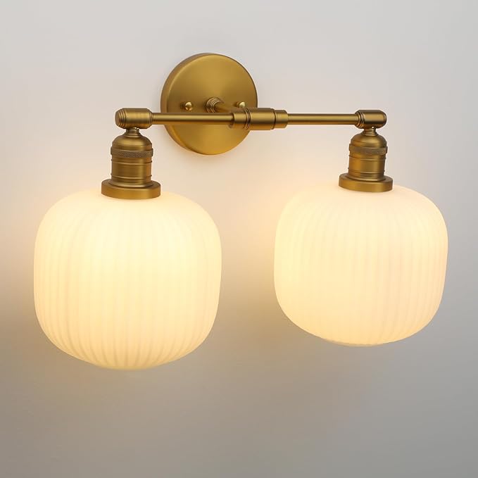 Pathson 2 Lights Milk White Globe Wall Sconce, Hardwired Antique Double Sconce for Living Room Home Decor, Striped Glass Bathroom Vanity Light, E26 Bulb Base