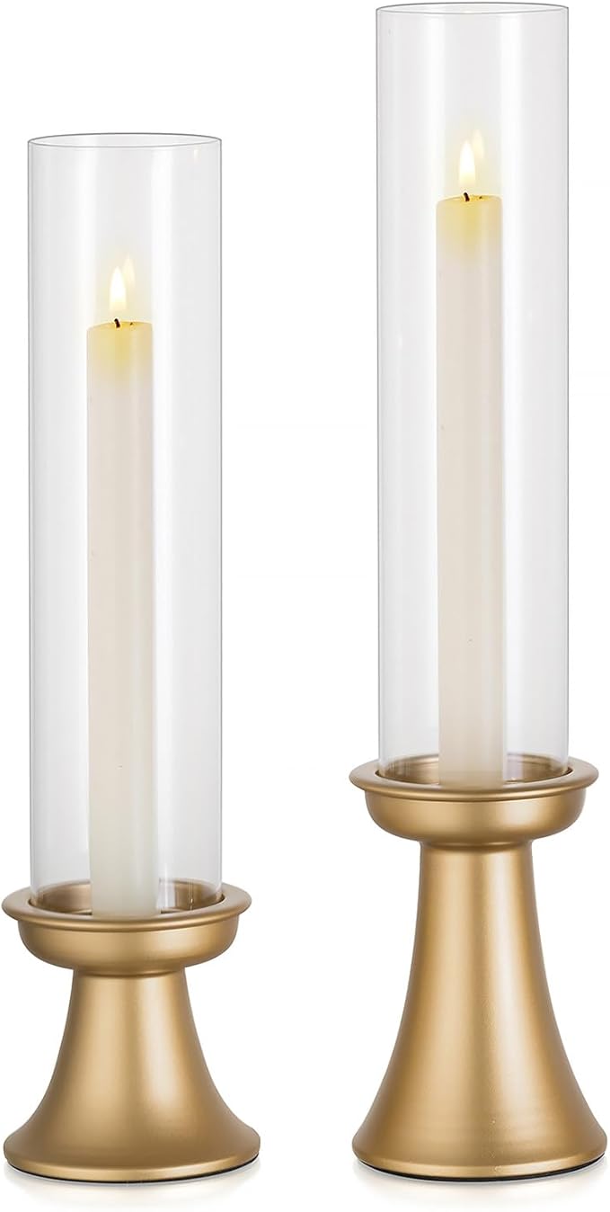 NUPTIO Taper Candle Holders Gold: Set of 2 Candlestick Holder with Hurricane Glass Cover - Tall Metal Candles Stick Stand for Fall Thanksgiving Christmas Seasonal Fireplace Decor