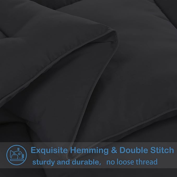 EASELAND Oversized Queen Down Alternative Comforter - Quilted Duvet Insert for All Seasons, Soft Lightweight with Corner Tabs, Summer Winter Warm Bedding, Black 98×98 Inches
