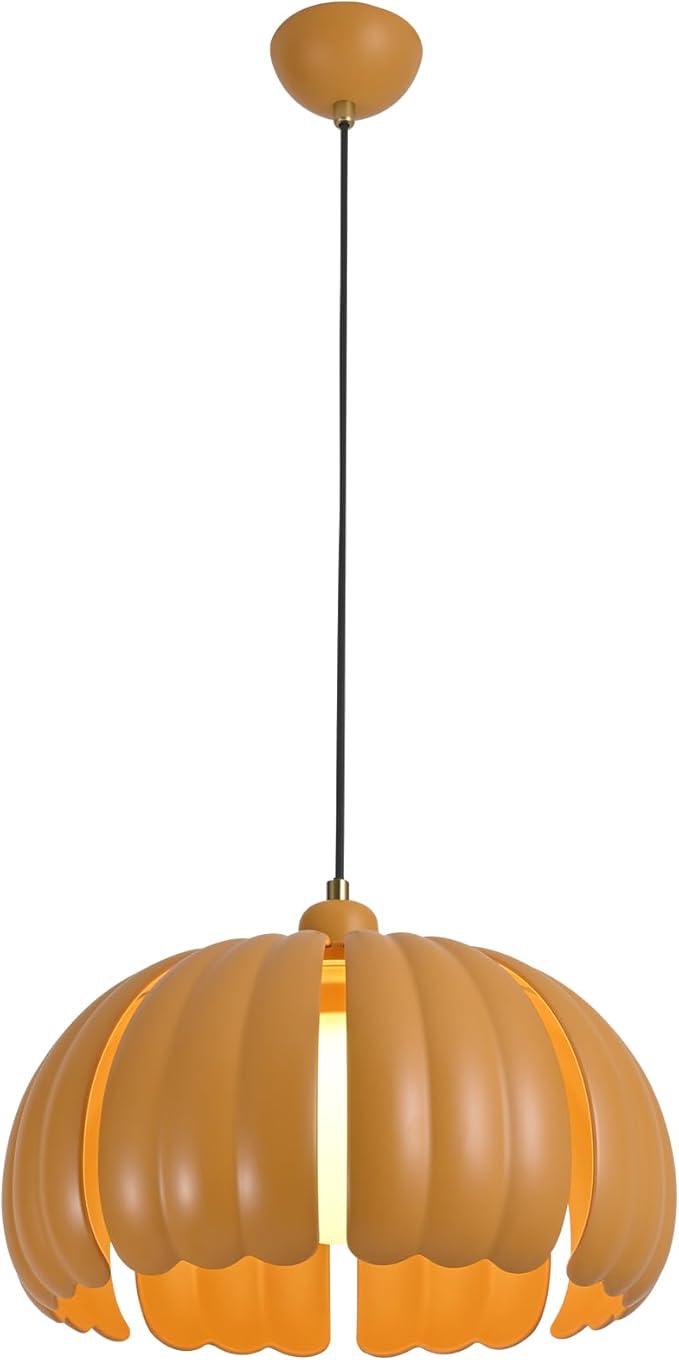 Mid Century Modern Pendant Light Fixture, 14.5 inch Pumpkin Orange Ceiling Light with Wheat Straw Material Shape, Semi Flush Mount Ceiling Lamp for Kitchen Island, Dining Table, Hallway Lighting
