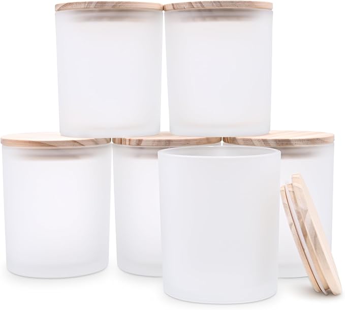 SHOWIN 14 OZ Thick Candle Jars for Making Candles 6 Pcs, Empty Jars with Wood Lids for Spice Jars, Sample Container, Frosted White