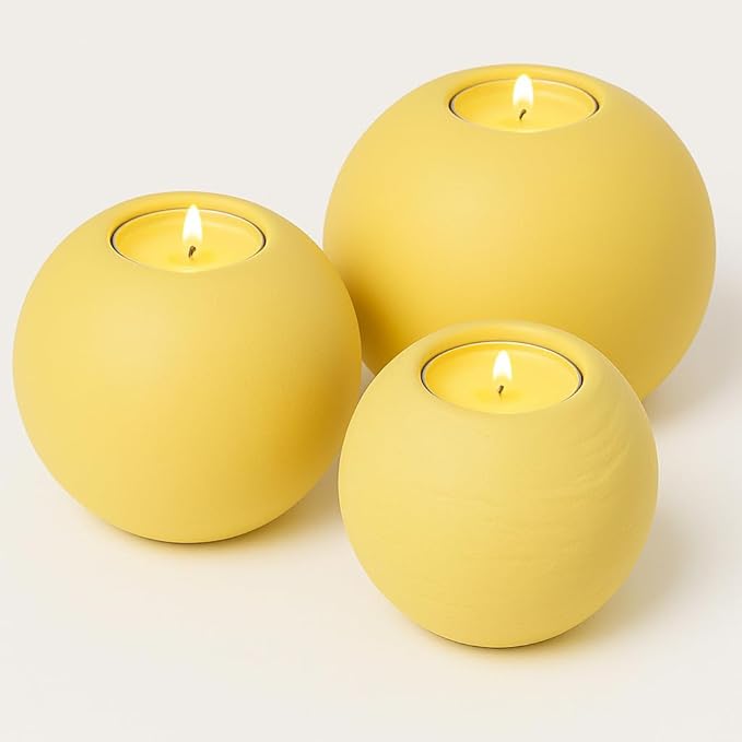 Concrete Sphere Tea Light Holder - Minimalist Centerpiece - Candle Holder - Modern Interior Design (Canary Yellow, Set of 3 Sizes)
