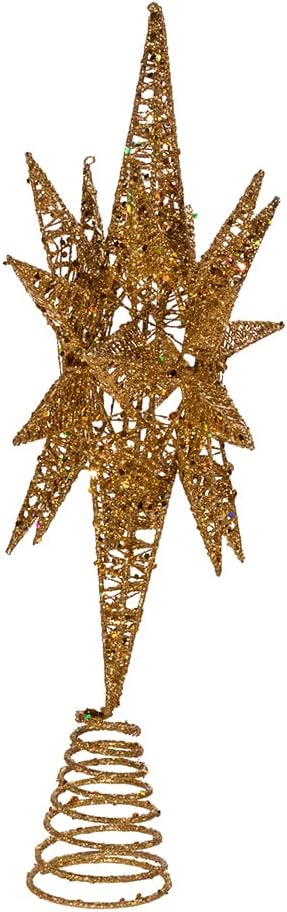 Kurt Adler Un-Lit Gold Glitter Wire 3D Star Treetop, 16.5-inch Length, Gold-Tone, Metal, Holiday Decor