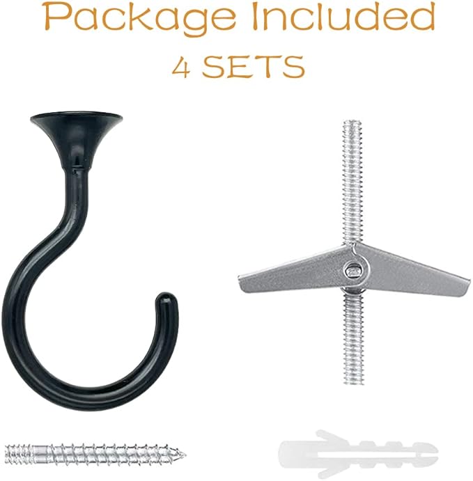 4 Sets Ceiling Hook Large Swag Heavy Duty Swag Hook with Hardware for Hanging Plants Ceiling Easy Installation Cavity Wall Dry Wall Indoor & Outdoor (4 Sets Black)