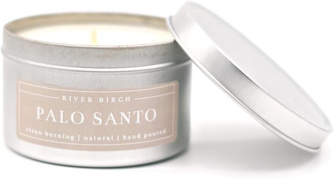 River Birch Premium, All-Natural, Non-Toxic Soy Candles | Palo Santo Scented | 8 oz. Silver Tin Travel Candle | Cozy Relaxing Gifts for Home