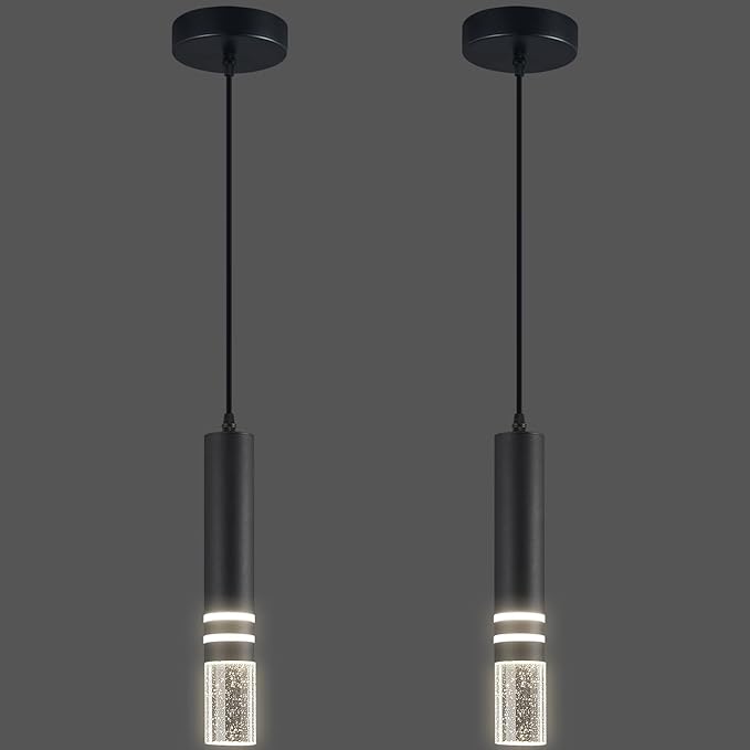 Pendant Lights Kitchen Island, Crystal Pendant Light Fixtures Mini 6W LED Modern Kitchen Pendant Lighting Over Sink and Living Room and Bedroom (Black 2-Pack)