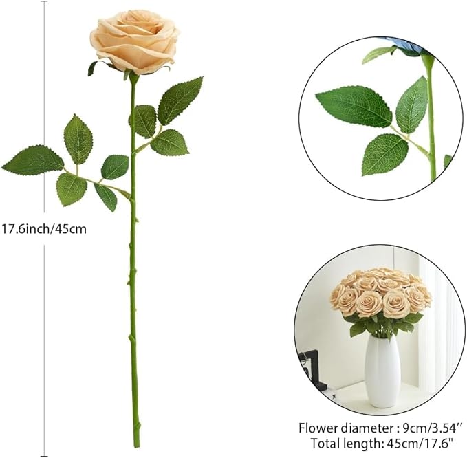 50pcs Beige Roses Artificial Flowers Bulk Fake Roses Silk Flower with Stems Realistic Flowers for Wedding Centerpiece Party Birthday Decor