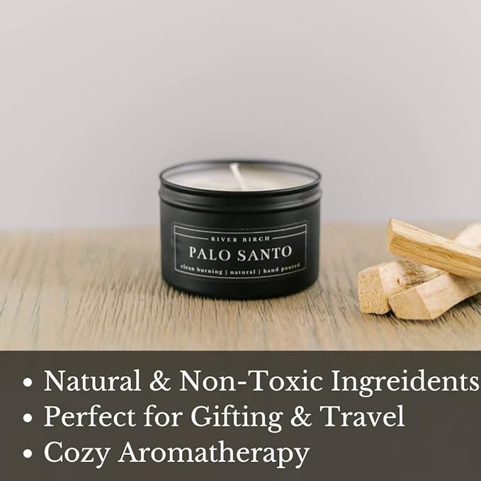 River Birch Premium, All-Natural, Non-Toxic Soy Candle | Palo Santo Scented | 8 oz. Black Matte Tin Travel Candle | Cozy Relaxing Gifts for Home