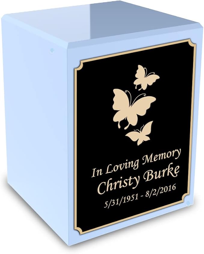 GetUrns Custom Butterfly Small Urn Box for Human Ashes I Personalized Wooden Keepsake Cremation Urn for Male or Female I Light Blue Memorial Box I 40lbs