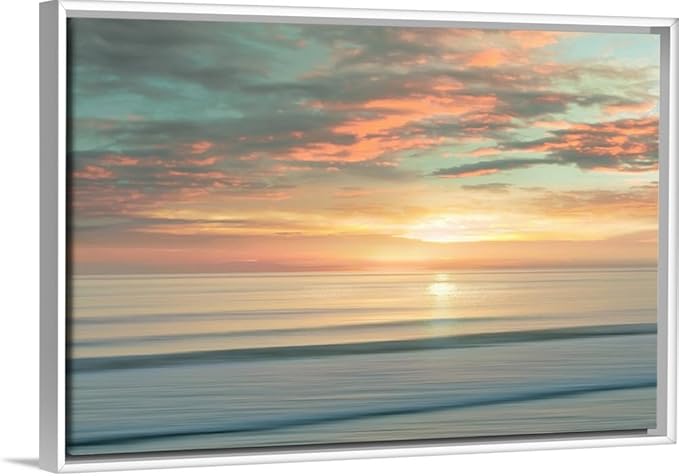 CANVAS ON DEMAND Beach Sunrise White Float Framed Canvas Wall Art Print by Alex Hanson, Contemporary, Home Decor, Ocean Artwork,24" x16in