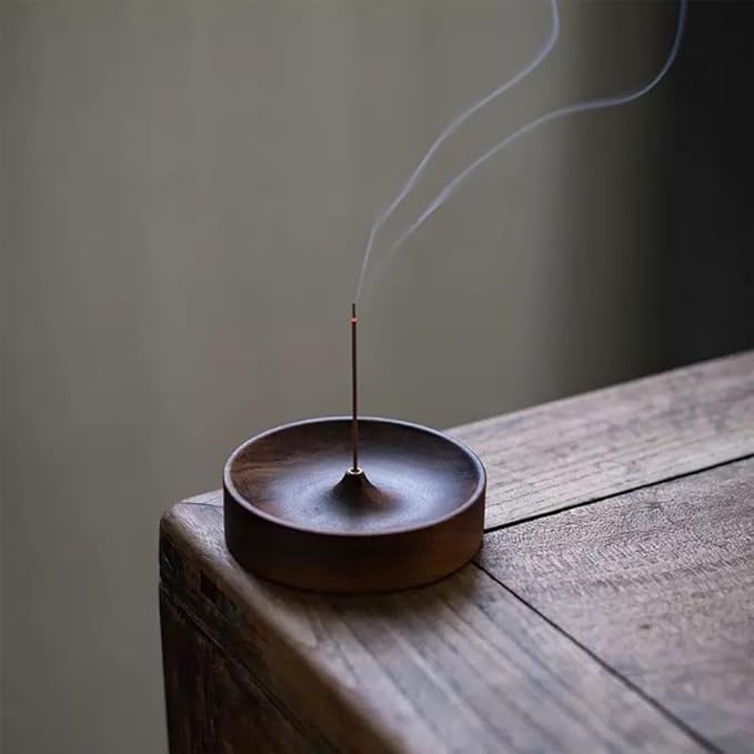 CREATCABIN Wood Incense Burner Incense Stick Tray Coconut Brown Flat Round Natural Black Walnut Diffuser Bowl Ash Burner Stick Dish Catcher Holder for Yoga Spa Teahouse Home Office DIY Decor