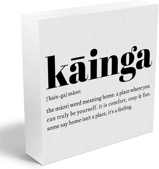 Kainga Definition Maori Rustic Home Office Decor Wooden Box Sign, Inspirational Hawaiian Gifts for Christmas Thanksgiving New Zealand Decorative Office Desk Accessories Table Shelf Decor Plaque Sign