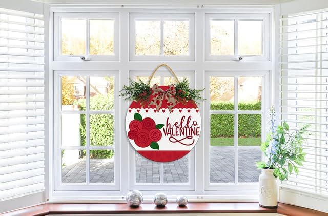 Boylee Hello Valentine Sign for Front Door Decorations, Rustic Round Wood Holiday Sign, Front Door Wreath Burlap Wooden Hanging Signs for Outdoor Farmhouse Porch Home Spring Holiday Decor