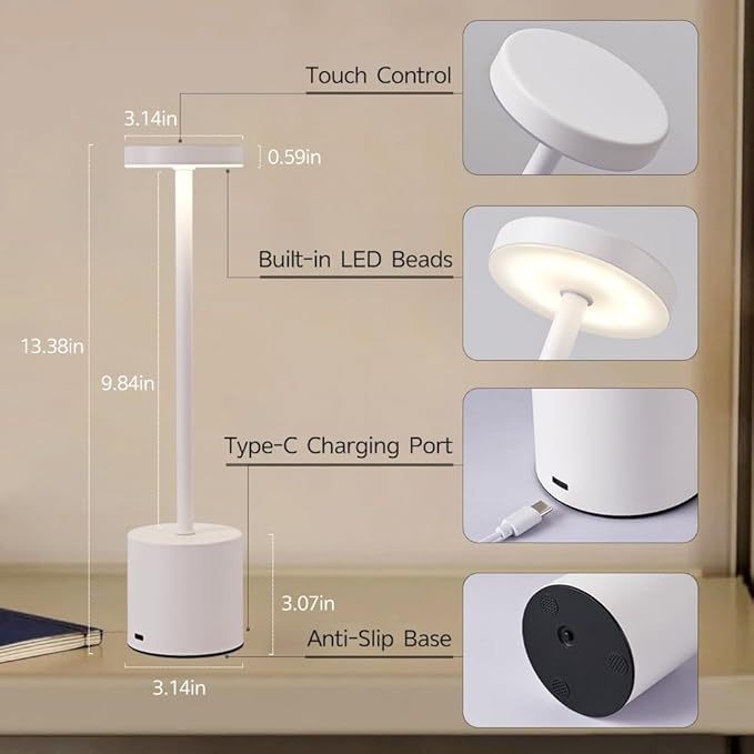 Rechargeable Cordless Table Lamp,Portable Outdoor 5000mAh Battery Operated LED Table Light Touch Control 3 Color Dimmable for Bedroom,Patio,Cofee,Camping,Dining,Restaurant&Livingroom-White