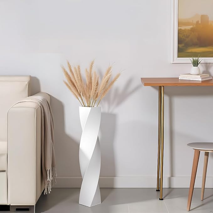 Tall Floor Vase - 23.6 Inch Modern Square Twist Vases for Home Decor, Large Decorative White Vase for Dried Flowers, Pampas Grass, Centerpiece - Matte Finish